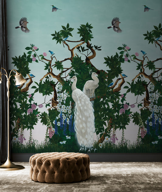 Vera's Garden - Peacock Wallpaper - Aquamarine
