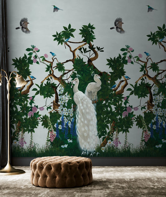 Vera's Garden - Peacock Wallpaper - Powder Blue