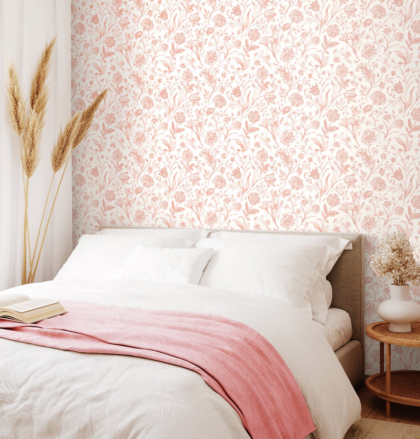 Floral Toile Wallpaper - Soft Coral