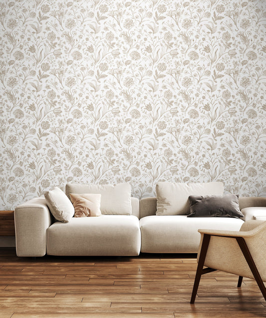Floral Toile Wallpaper - Stone