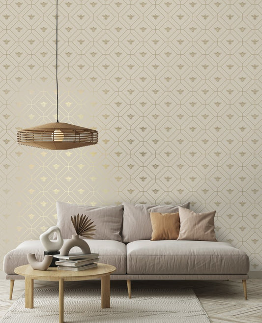 Honeycomb Bee - Geometric Metallic Wallpaper - Taupe
