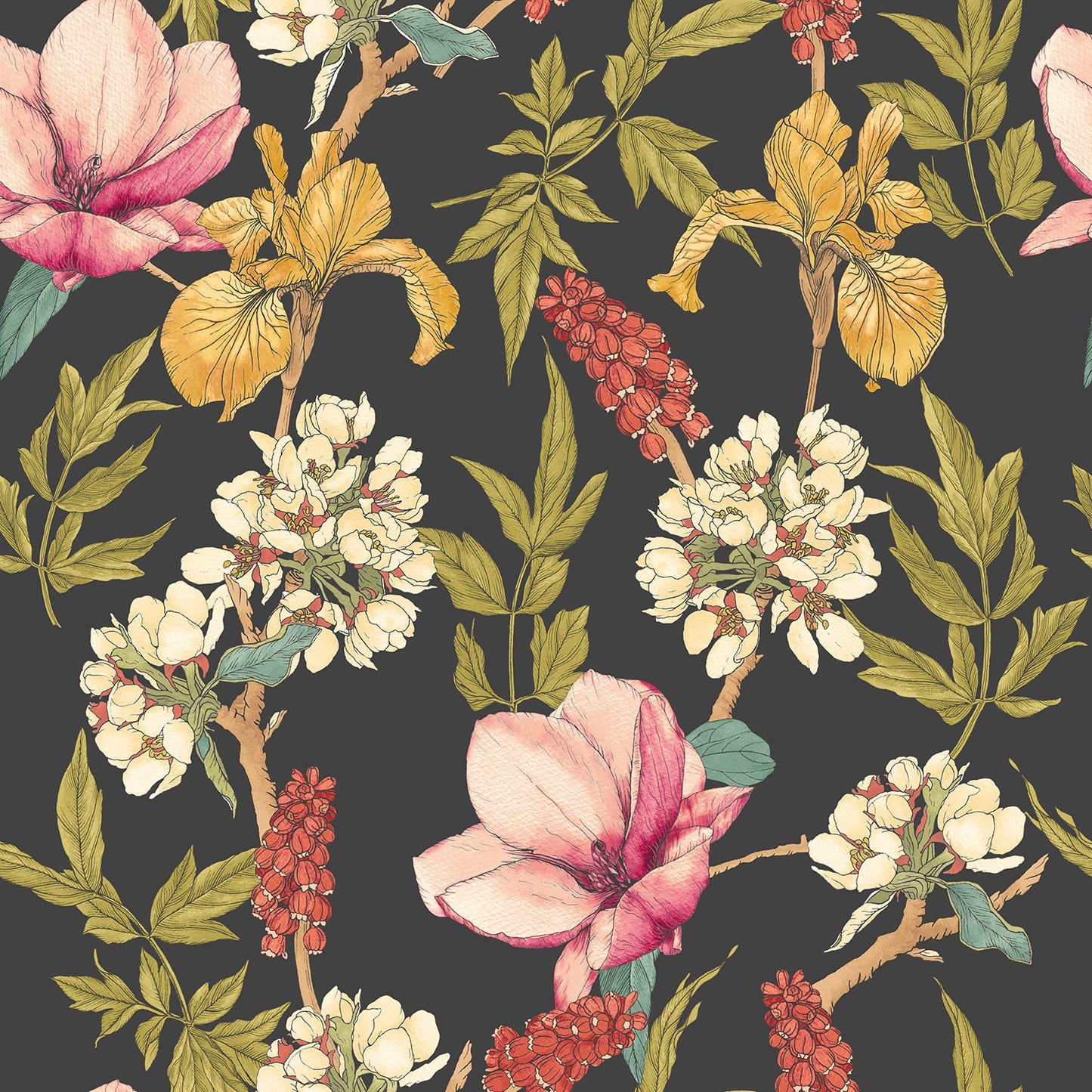 Sample - Orchid Bloom Wallpaper - Ebony & Raspberry