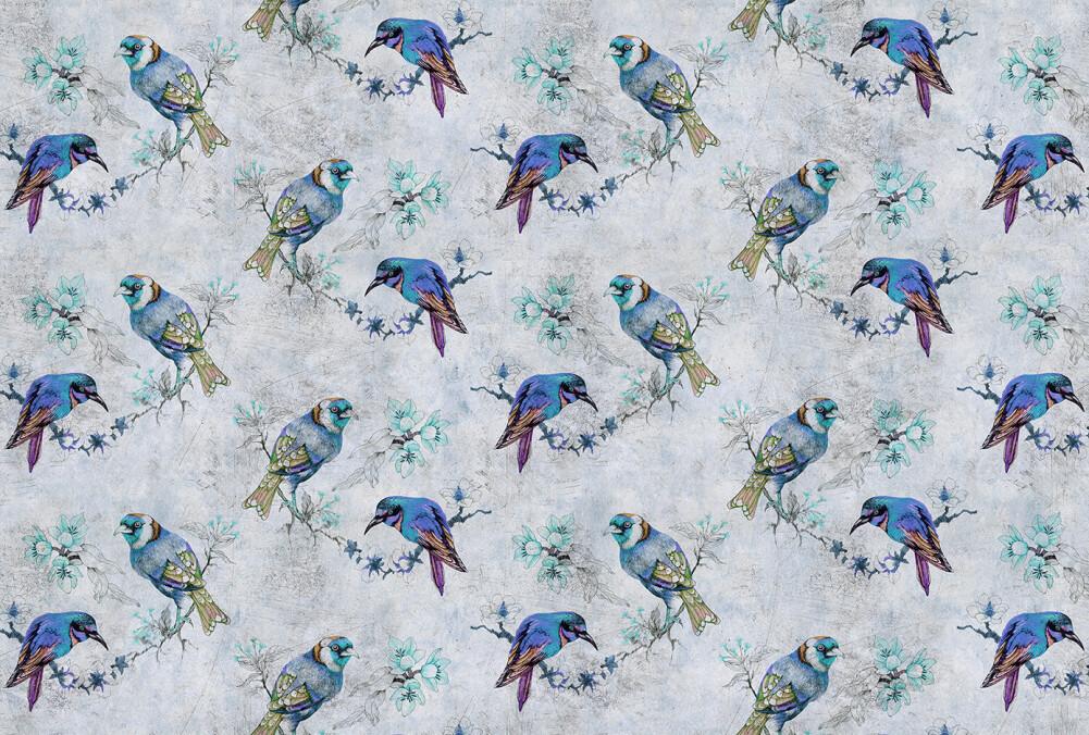 Love Birds - Custom Sized Wallpaper Mural (per m2) - Blue/Grey