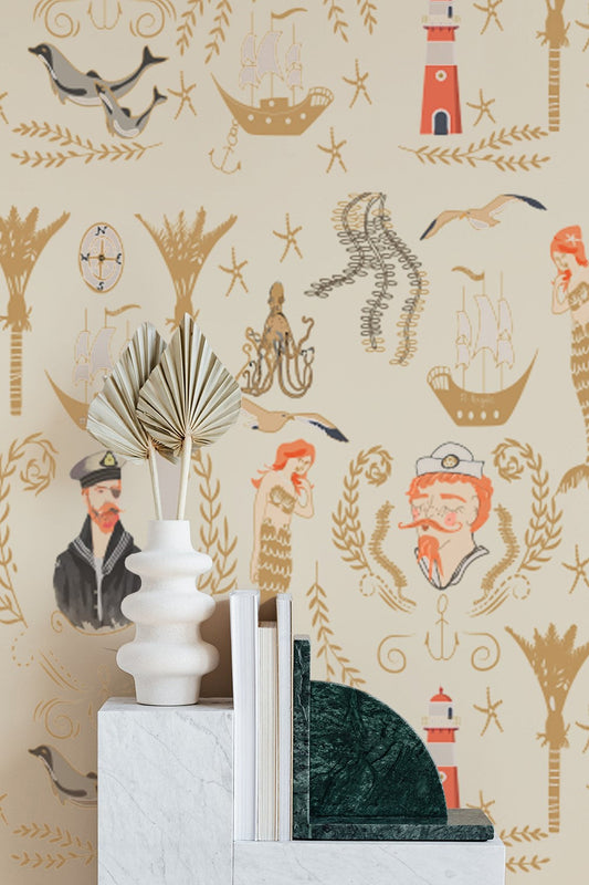 Mermaid Shipwreck - Beige - Custom Sized Wallpaper Mural (per m2)
