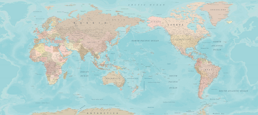 World Map NZ Centre - Dusky Blue - Custom Sized Wallpaper Mural