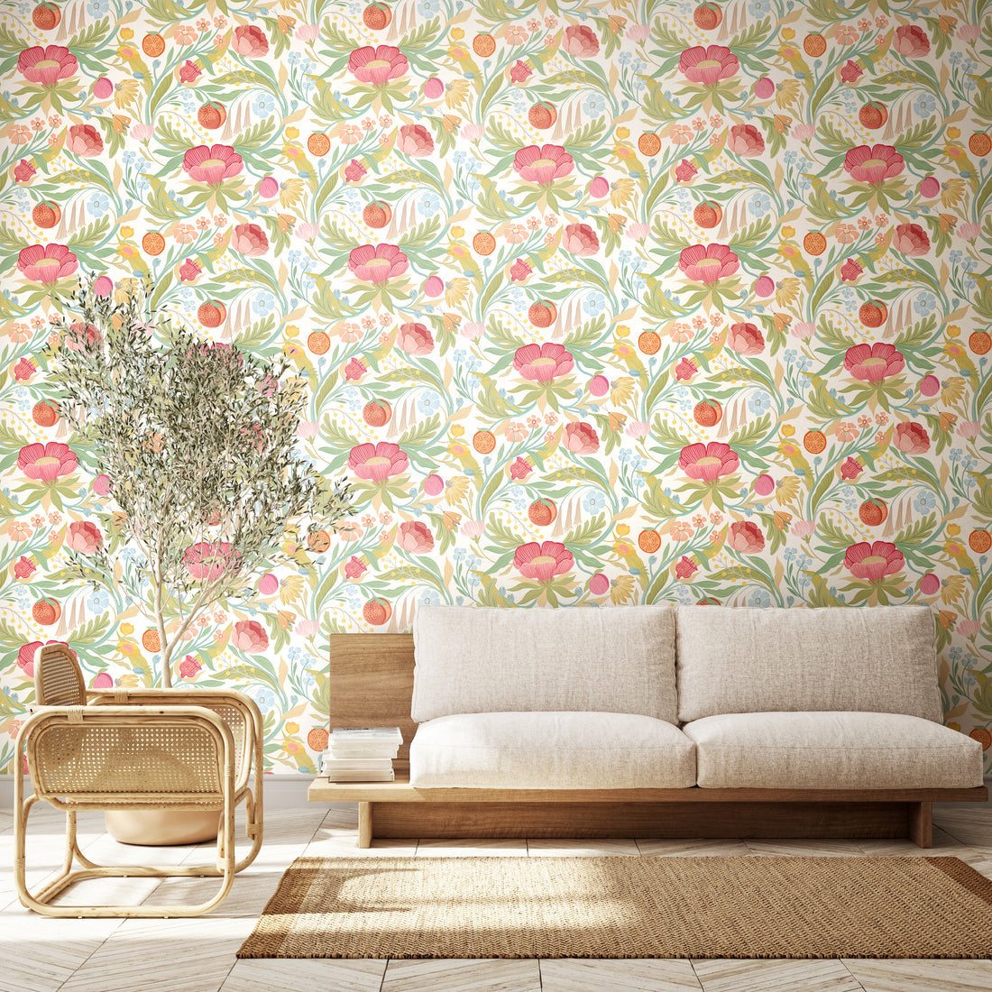 Clementine Wallpaper - Blossom & Sage