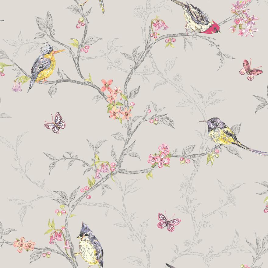 Sample - Phoebe - Birds on Trailing Branches Wallpaper - Dove Grey