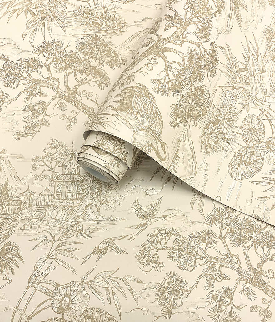 Natoru - Japanese Metallic Cranes Wallpaper - Cream/Gold