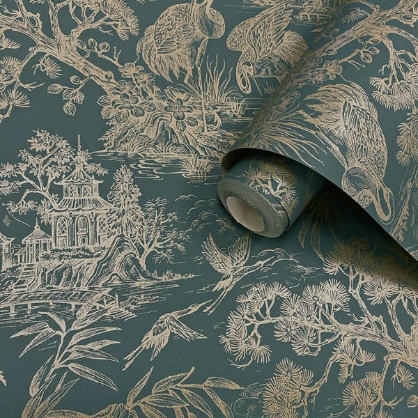Natoru - Japanese Metallic Cranes Wallpaper - Green/Gold