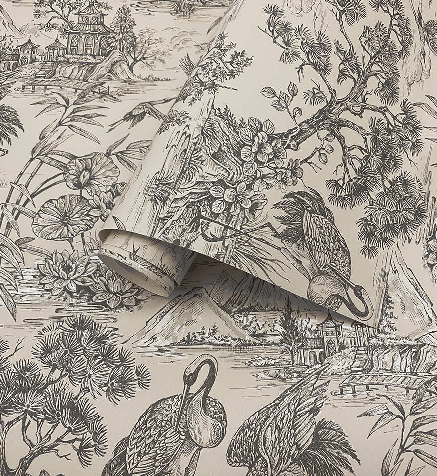 Natoru - Japanese Metallic Cranes Wallpaper - Cream/Charcoal