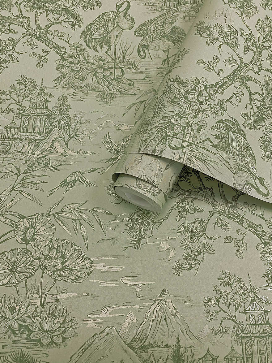 Natoru - Japanese Metallic Cranes Wallpaper - Sage