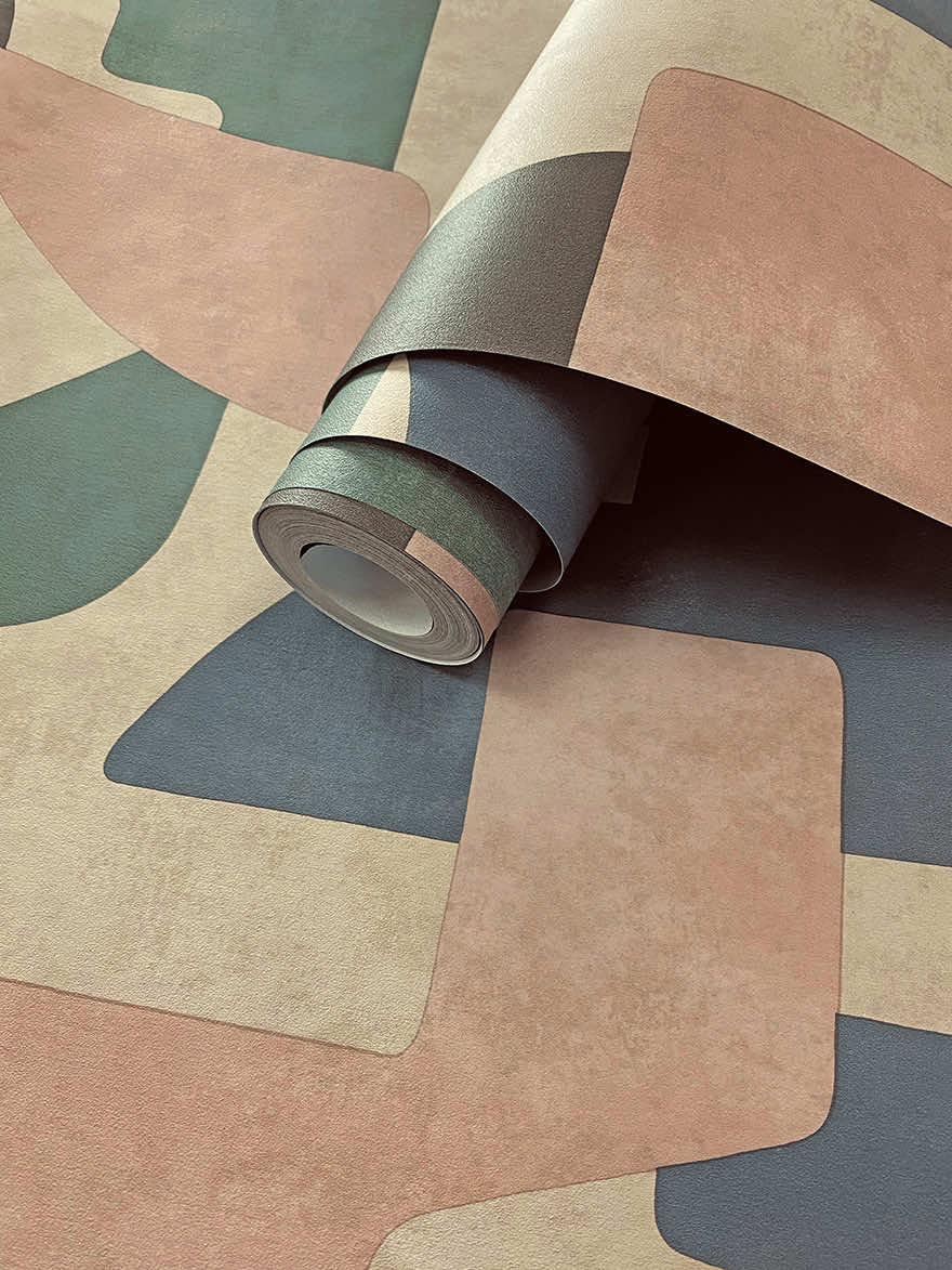 Geo Linnet - Geometric Wallpaper - Taupe/Aqua