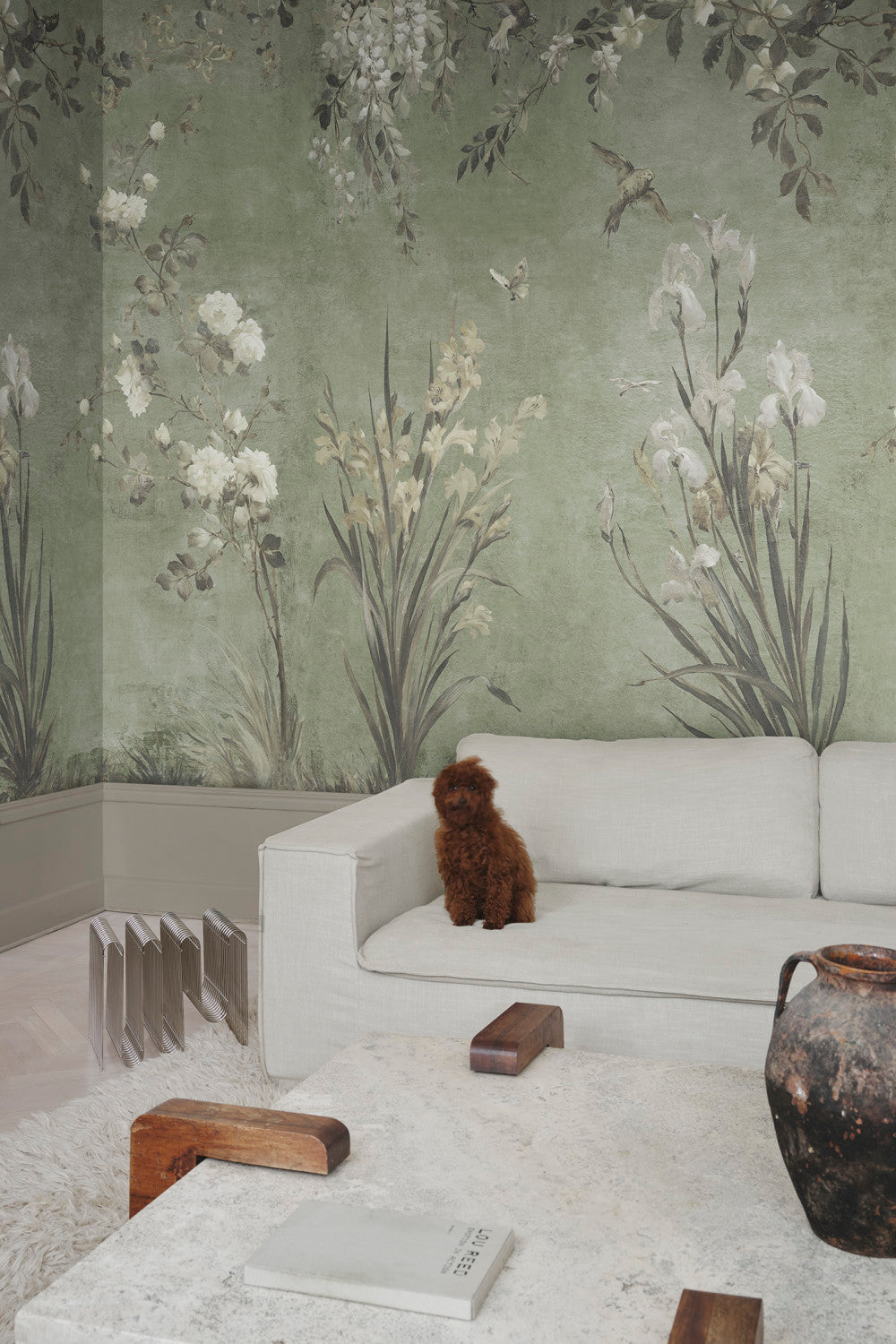 Nicola mural in Sage Green in a room setting