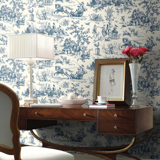 Vintage Toile Wallpaper - Cream/Navy