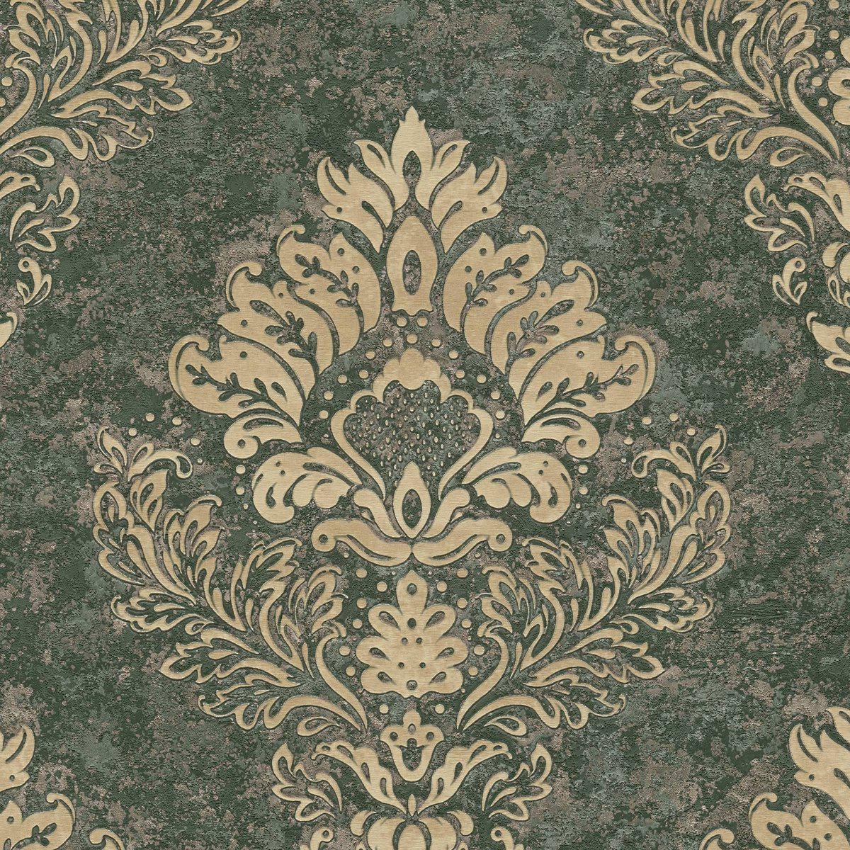 Sample - St. Petersberg Baroque Wallpaper - Green + Gold