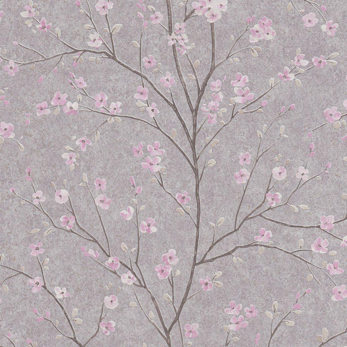 Sample - Tokyo Cherry Blossom Wallpaper- Grey/Pink