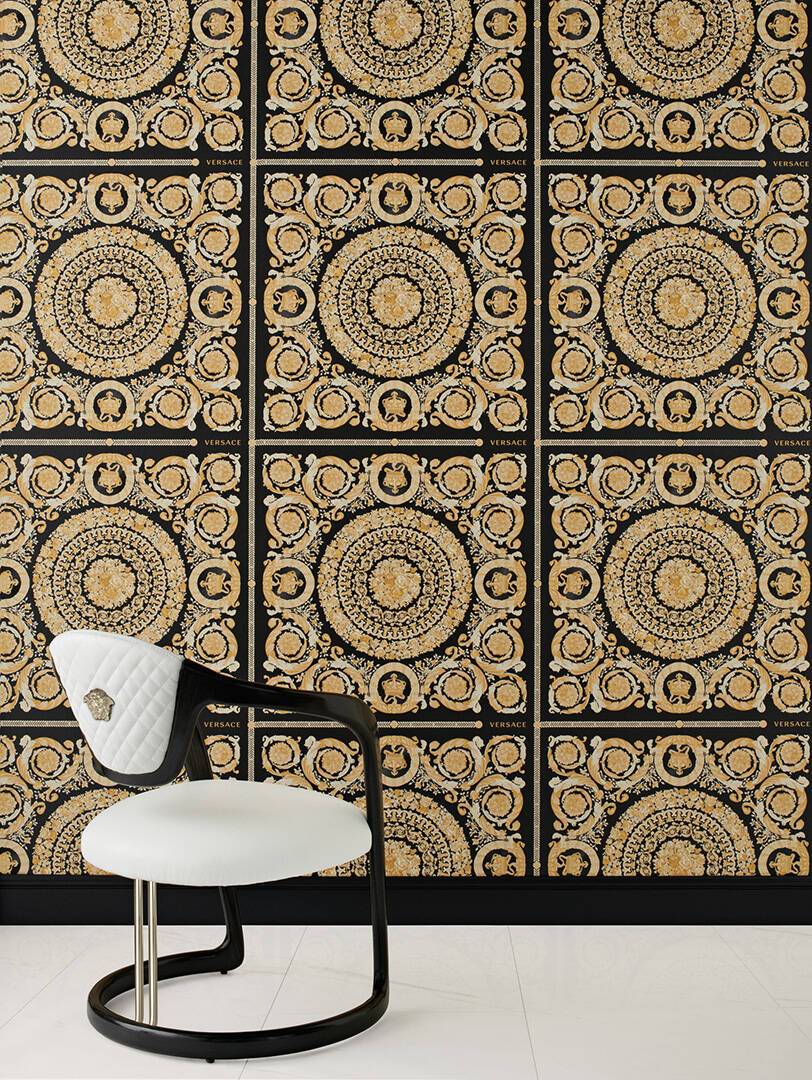 Versace Crown Moulding Wallpaper - Black/Gold/Creme