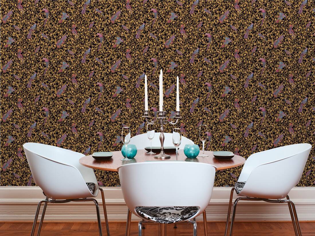 Versace Regal Woodland Wallpaper - Gold - Black