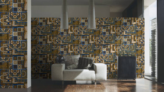Versace Tapestry Wallpaper - Gold/Blue/White