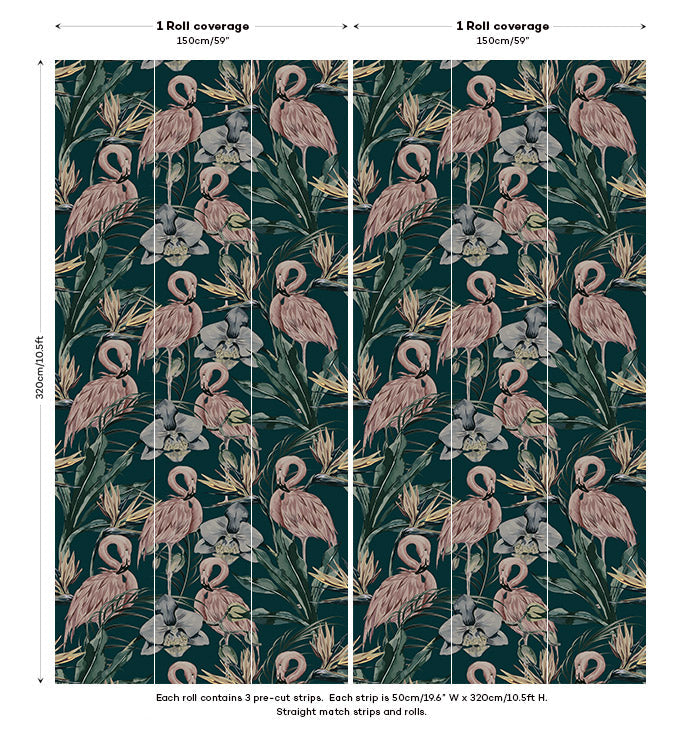 Tropical Shore Flamingo Hybrid Mural - Deep Green
