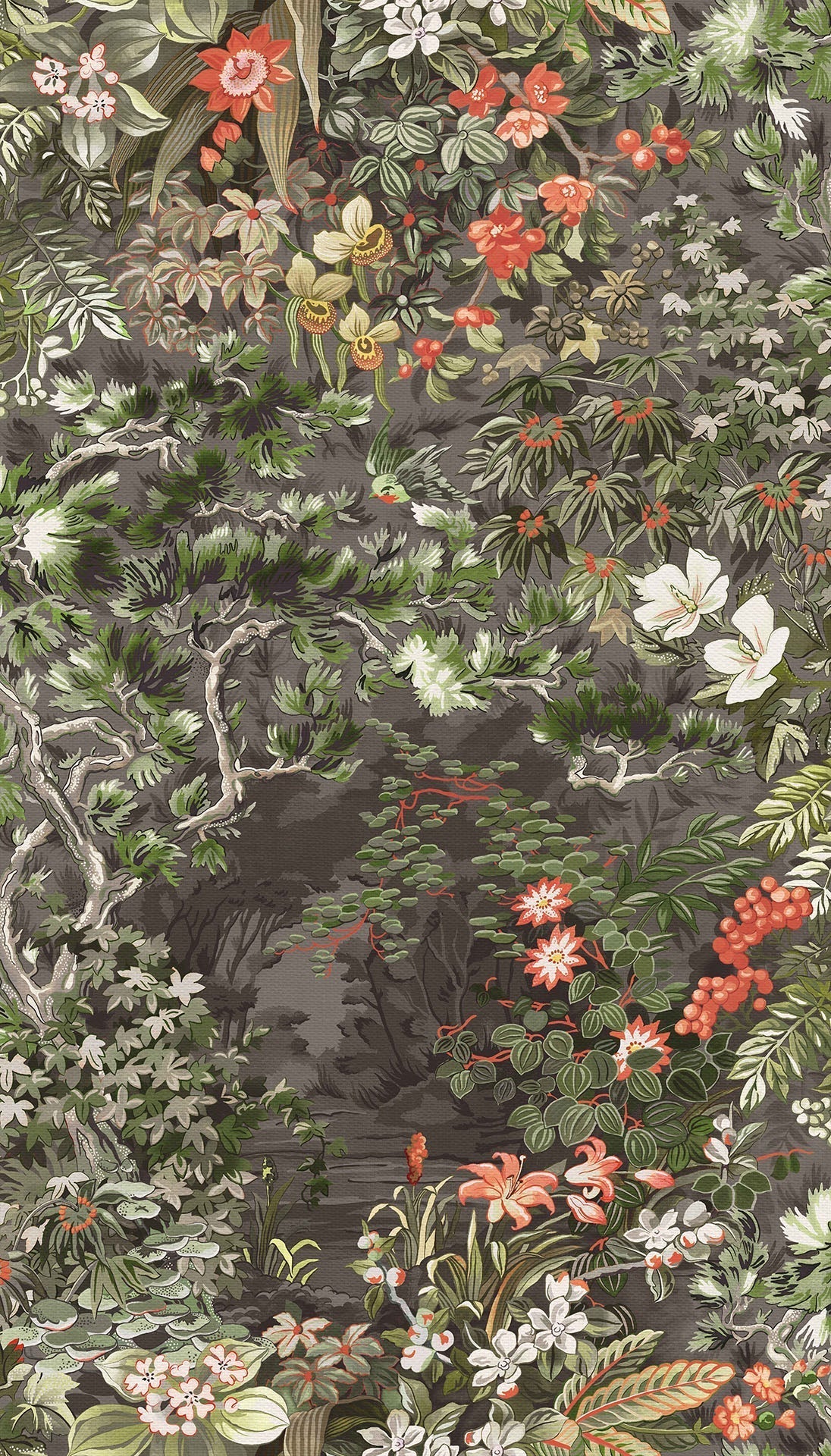 Woodland Wallpaper - Coral/Olive/Charcoal