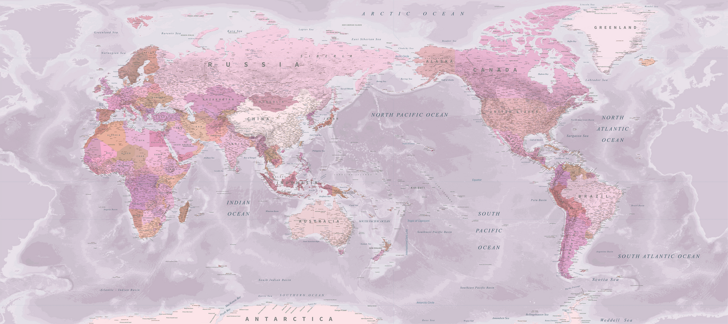 World Map NZ Centered - Pink - Custom Sized Wallpaper Mural