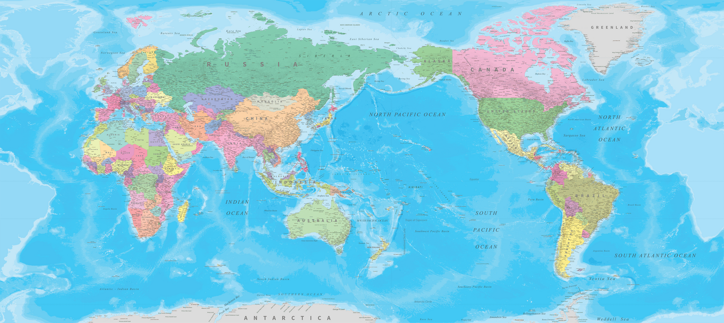 World Map NZ Centre - Traditional - Custom Sized Wallpaper Mural