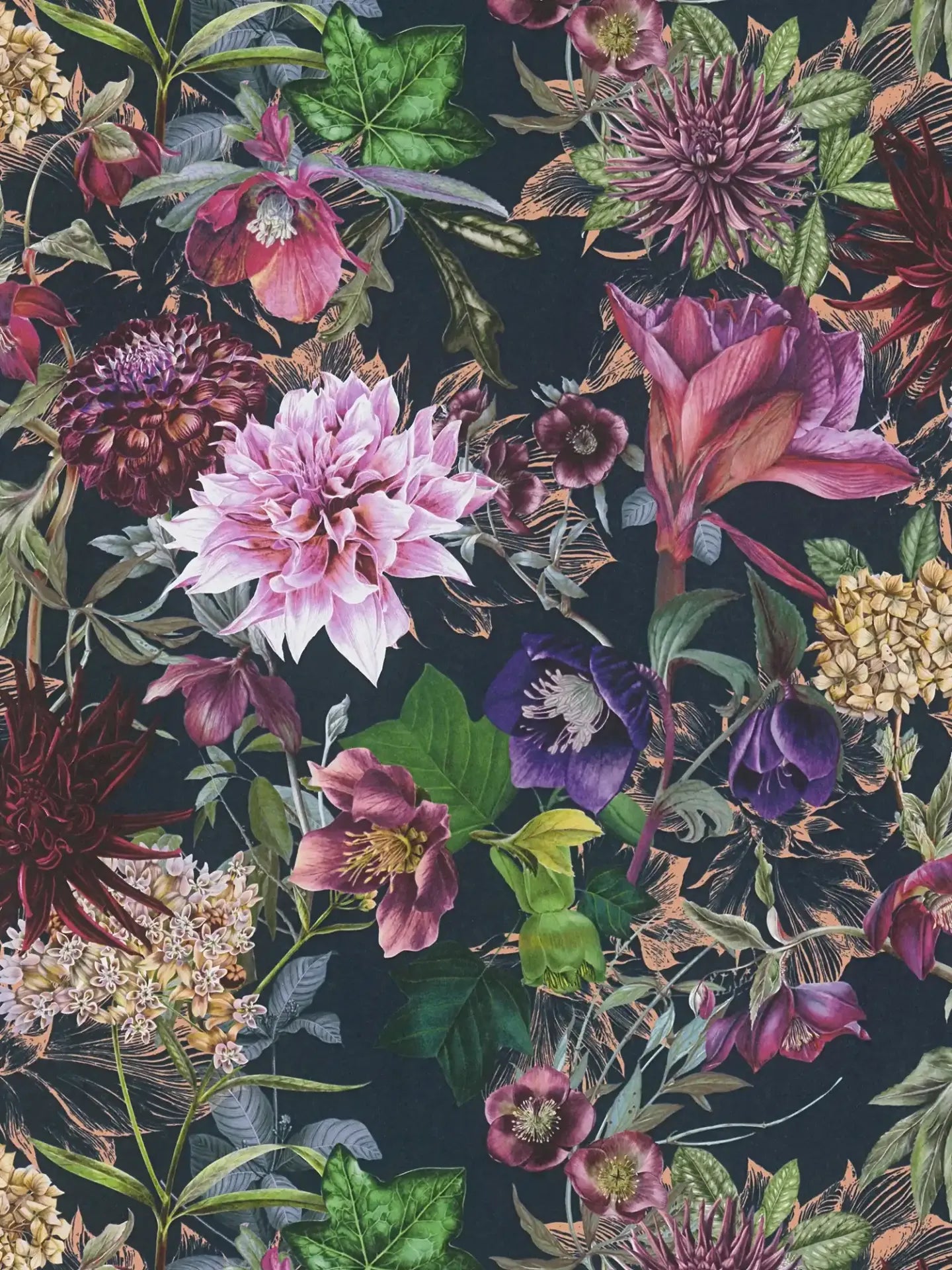Sample - Floral Trails Wallpaper - Black/Pink