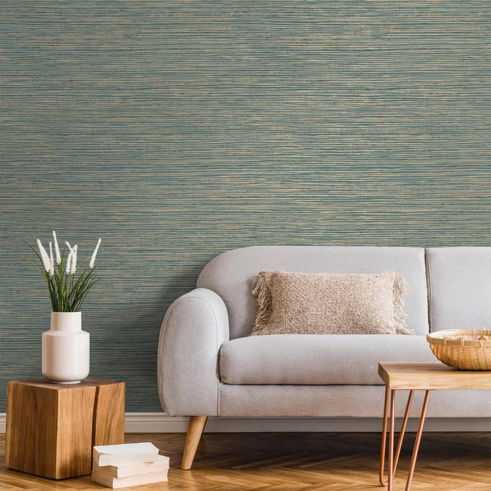 Grasscloth Wallpaper - Teal/Gold