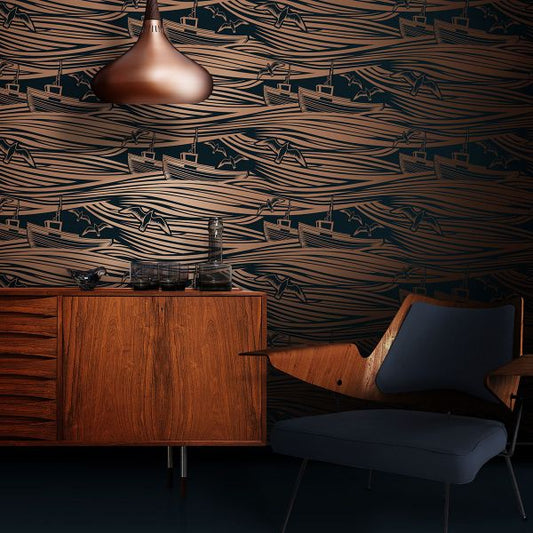 Whitby Boat Wallpaper - Midnight & Copper