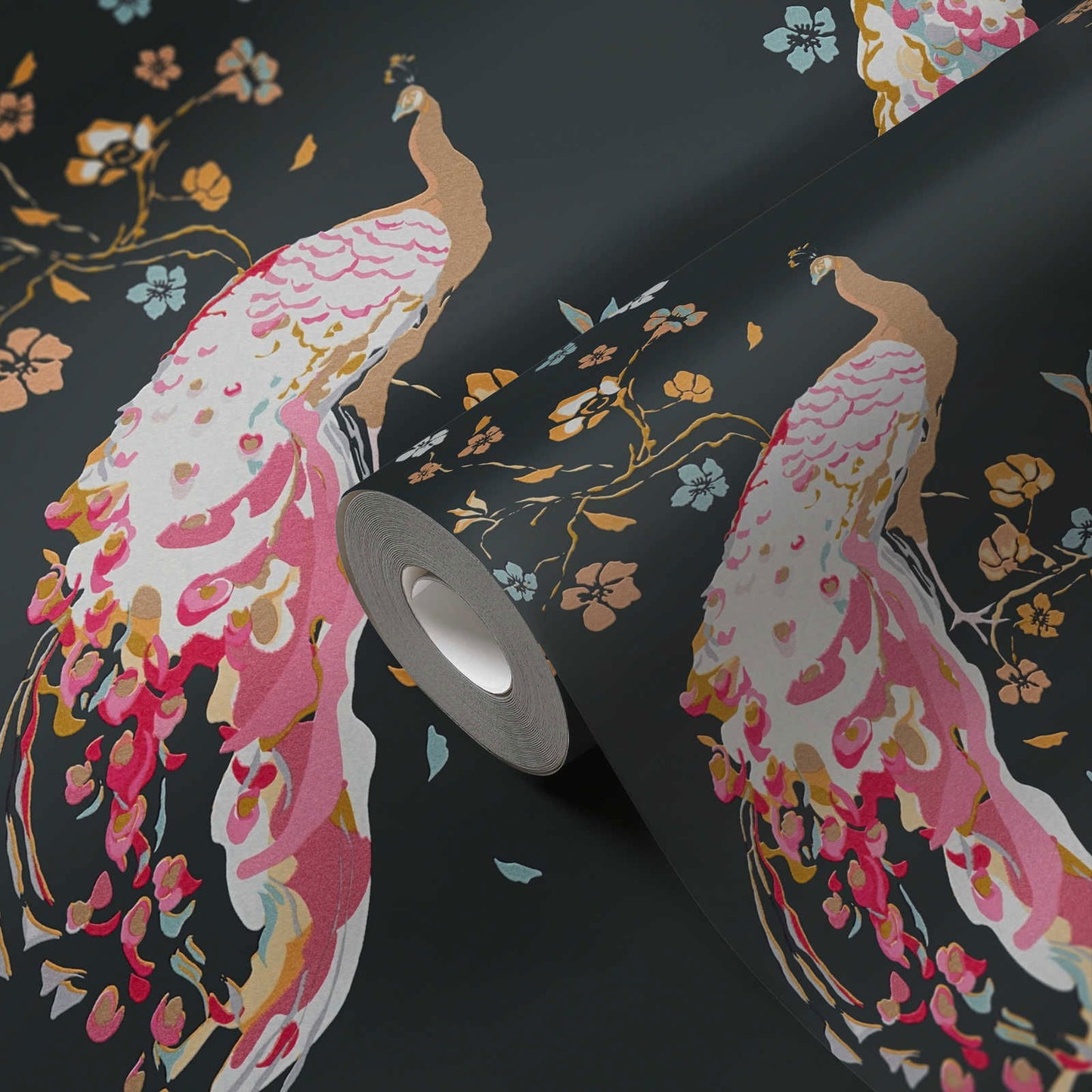 Sample - Majestic Peacock & Blossom Wallpaper - House of Turnowsky - Black