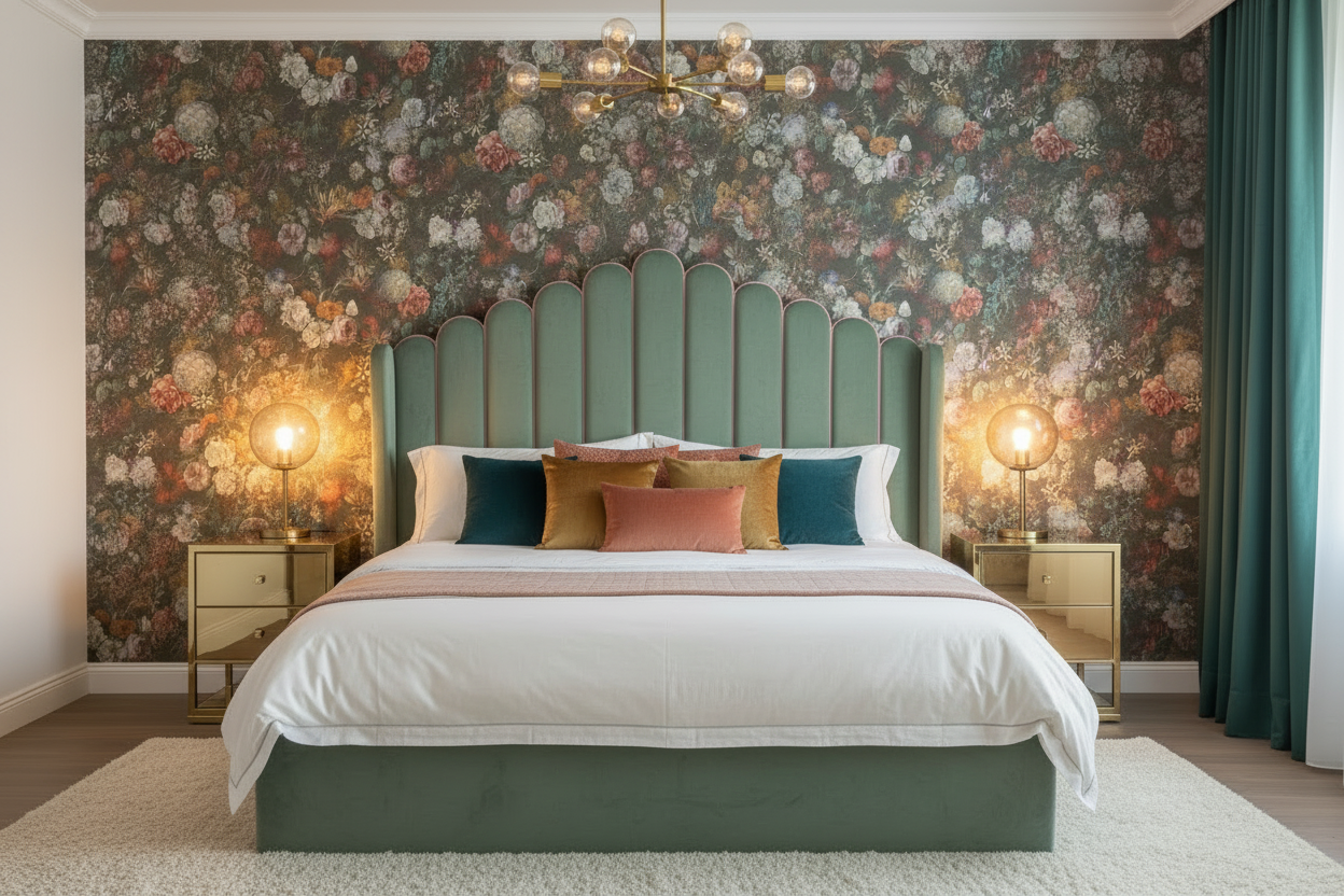 Bedroom - Giselle Scalloped Headboard Soft Green Pink Piping with Obi Floral Wallpaper