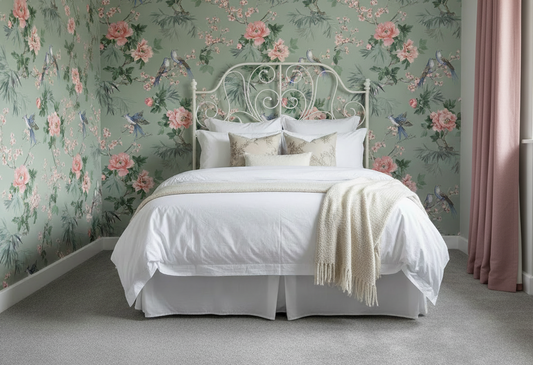 Bedroom with dusky pink cushions and curtain, Amelie Chinoiseries Sage wallpaper