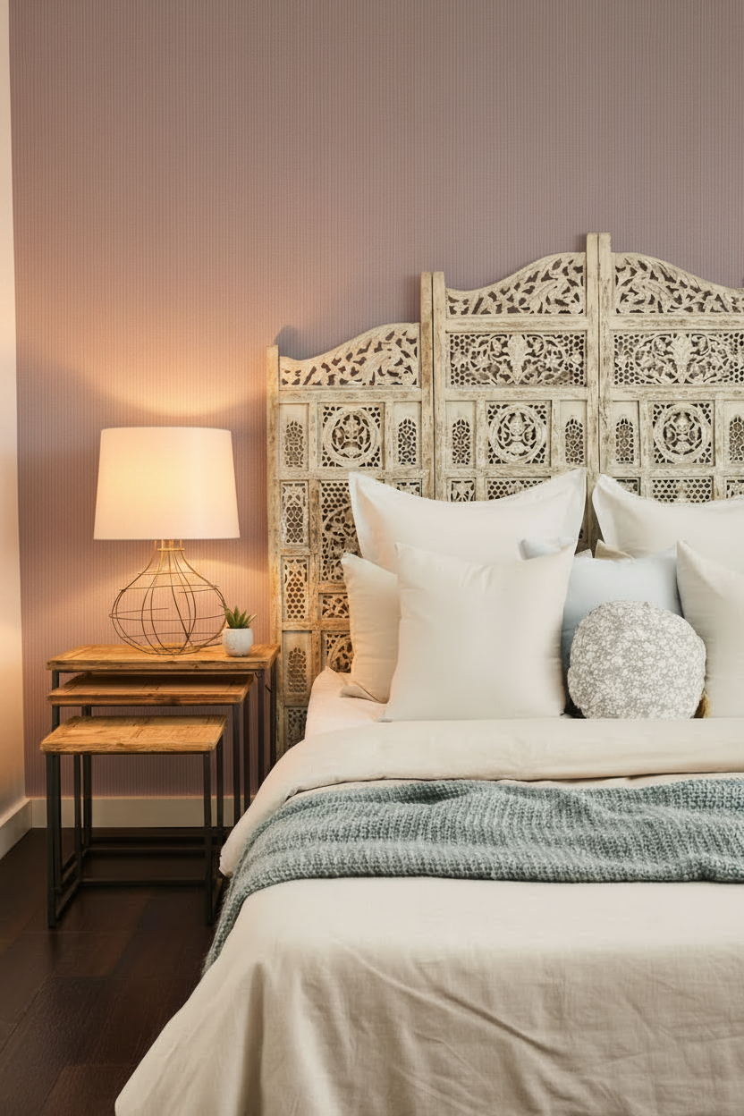 Bedroom with Lamp On and Dusky Purple RD016 Wallpaper