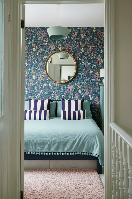 Bedroom with light pink rug
