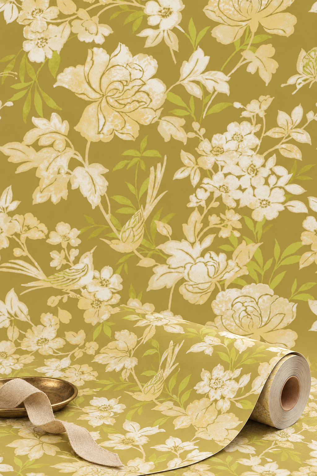 Blooms and Birds Wallpaper – Gold