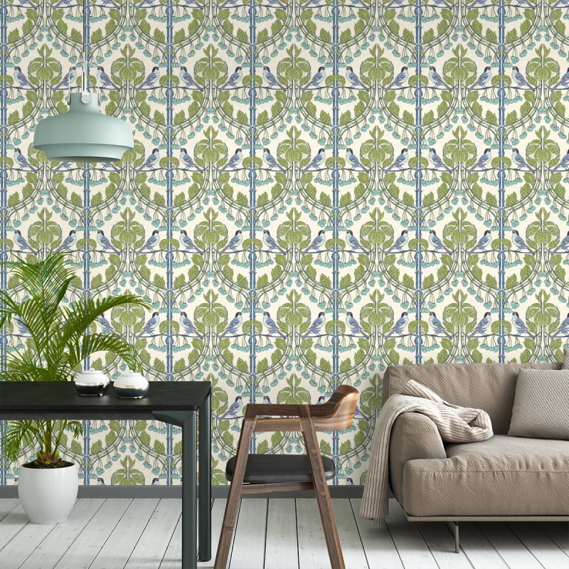 Bird & Cherries Wallpaper - Blue Green