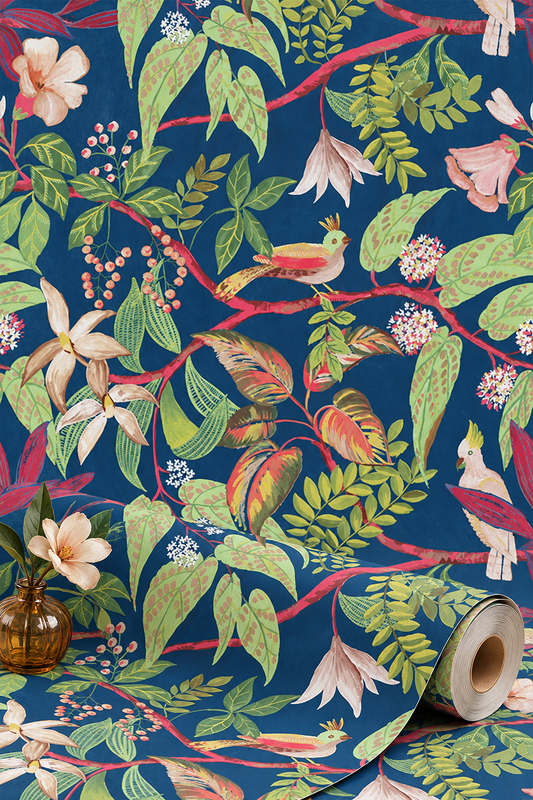 Birds Sing and Flowers Bloom Wallpaper - Blue