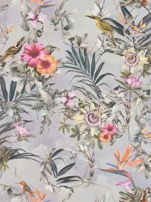 Sample – Hibiscus Haven – Crane & Bloom Wallpaper – Mist Blue