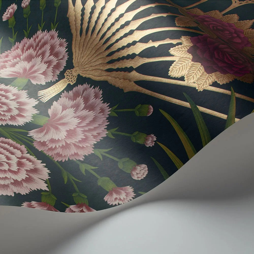 Flamenco Fan Wallpaper - Magenta Red & Gilver on Ink
