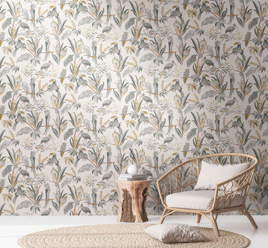 Jungle Birds Vinyl Wallpaper - White/Grey