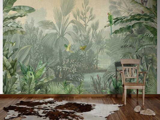 Cuba Tropics - - Green - Custom Sized Wallpaper Mural (per m2)