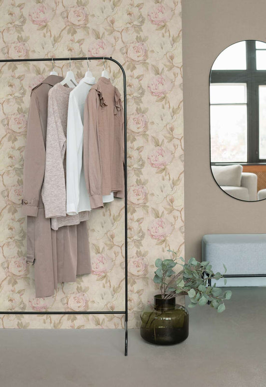 Rosalie Faded Rose Vinyl Wallpaper – Sage/Blush