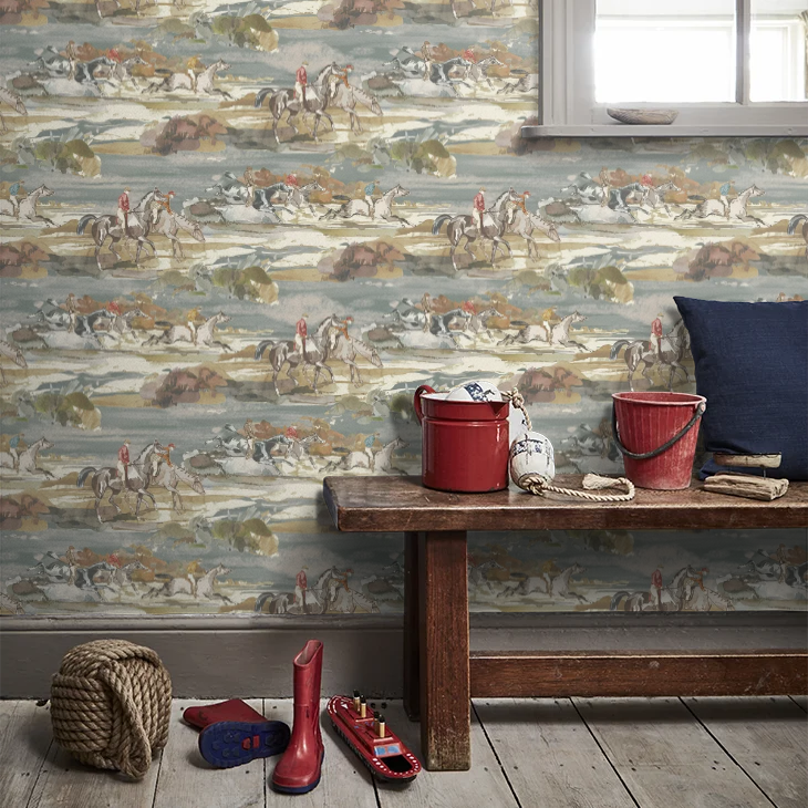 Morning Gallop Wallpaper - Mulberry - Blue/Sand