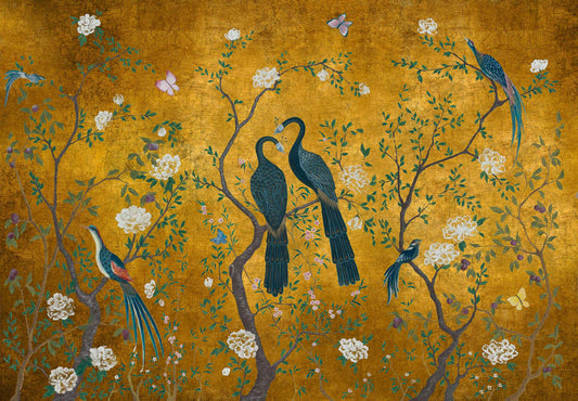 Edo Gold Peacock - Custom Sized Wallpaper Mural (per m2)