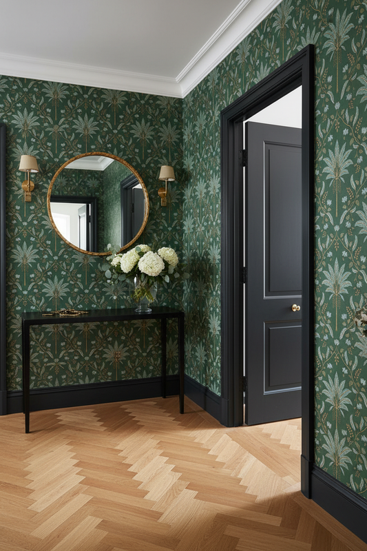 Elegant Hallway - Ariara Palm Trellis Wallpaper Green with Black Doors