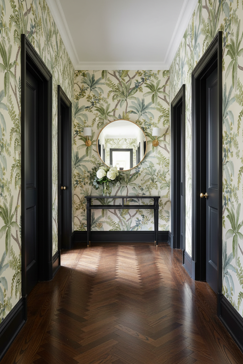 Elegant Hallway - Saranda Palm Oasis Wallpaper Green/Cream with Black Doors