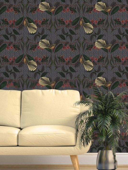 Retro Fantail NZ Inspired Wallpaper - Dark Grey
