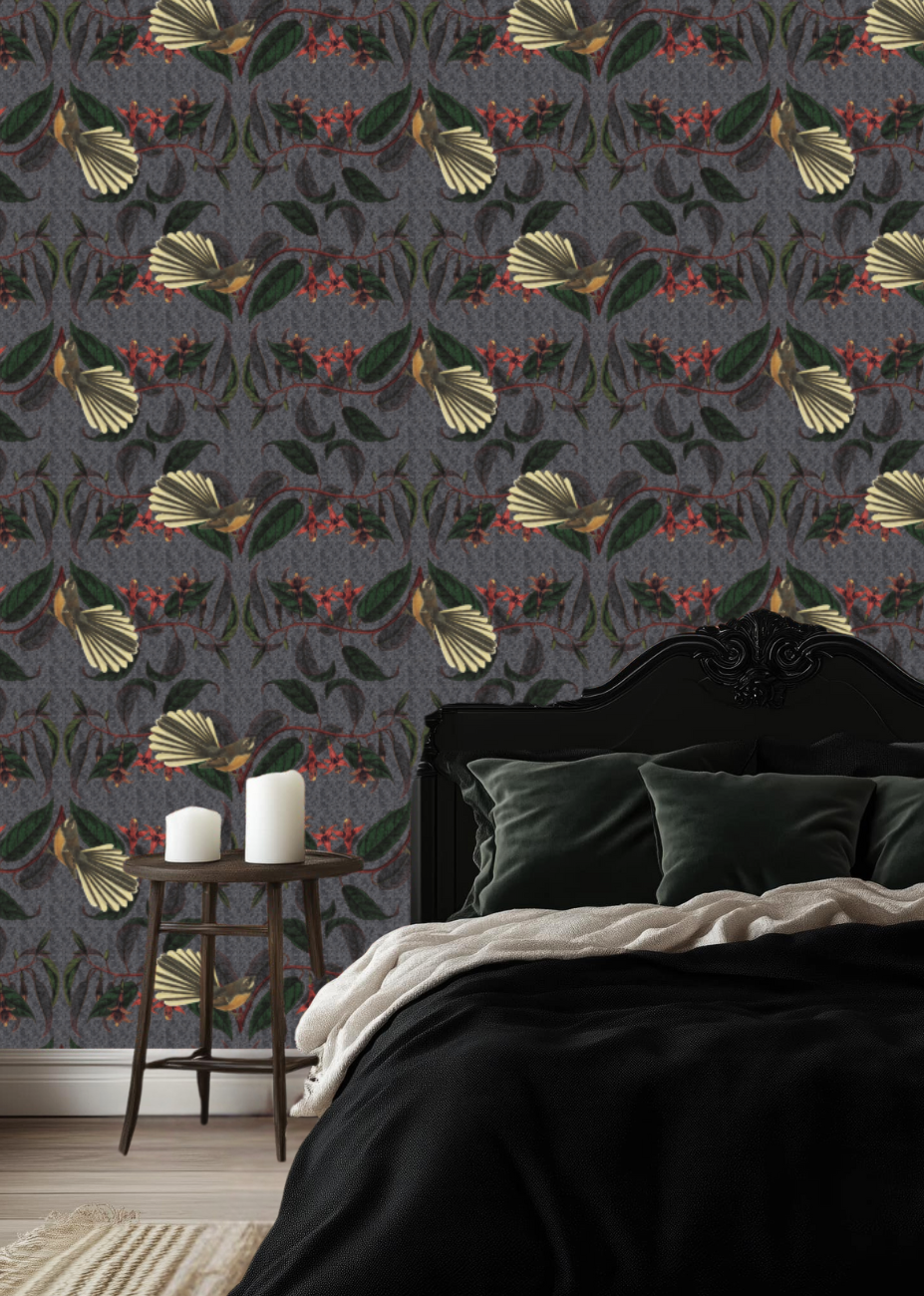 Retro Fantail NZ Inspired Wallpaper - Dark Grey