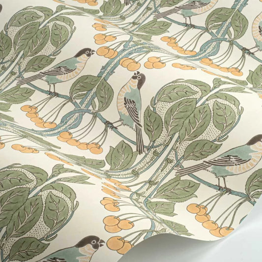 Birds & Cherries Wallpaper - Aqua Green